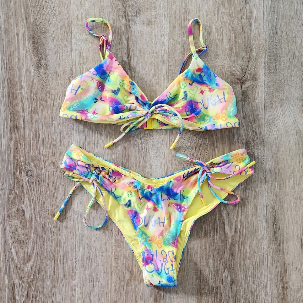 Blackbough Yellow Graffiti Print Bikini Sophia Top & Bottom Size Medium